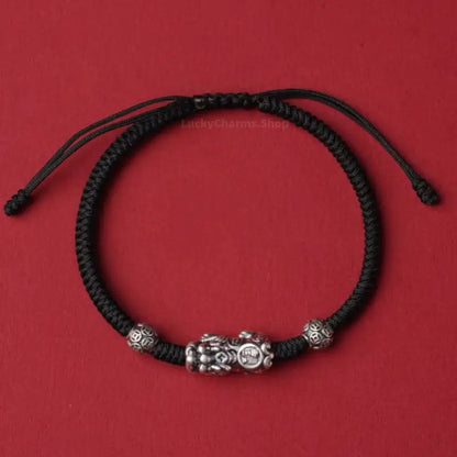 999 Fine Silver Pixiu Lucky Bead Braided Bracelet | Engraved "Fu" Pattern, Auspicious Jewelry-LuckyCharms.Shop