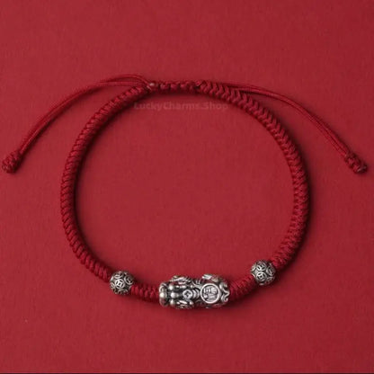 999 Fine Silver Pixiu Lucky Bead Braided Bracelet | Engraved "Fu" Pattern, Auspicious Jewelry-LuckyCharms.Shop