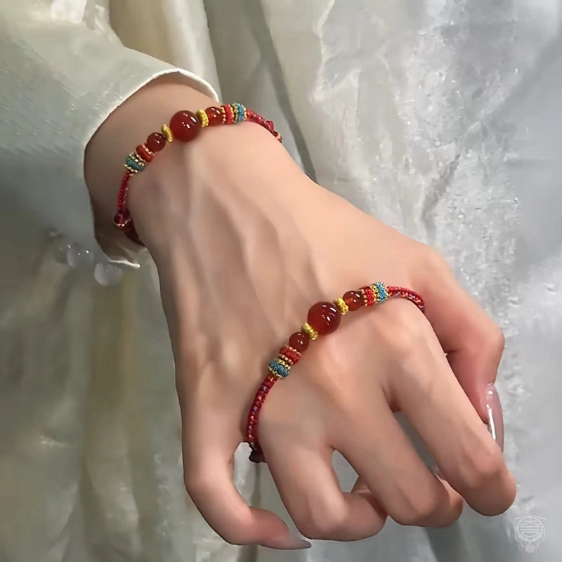 Bracelet porte-bonheur en agate rouge tressé à 8 brins, style traditionnel