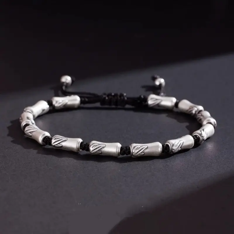 Bracelet Lu Lu Tong en argent sterling pour homme | Forme de nœud en bambou, texture mate, résistant à l'usure, bijou porte-bonheur pour la réussite professionnelle
