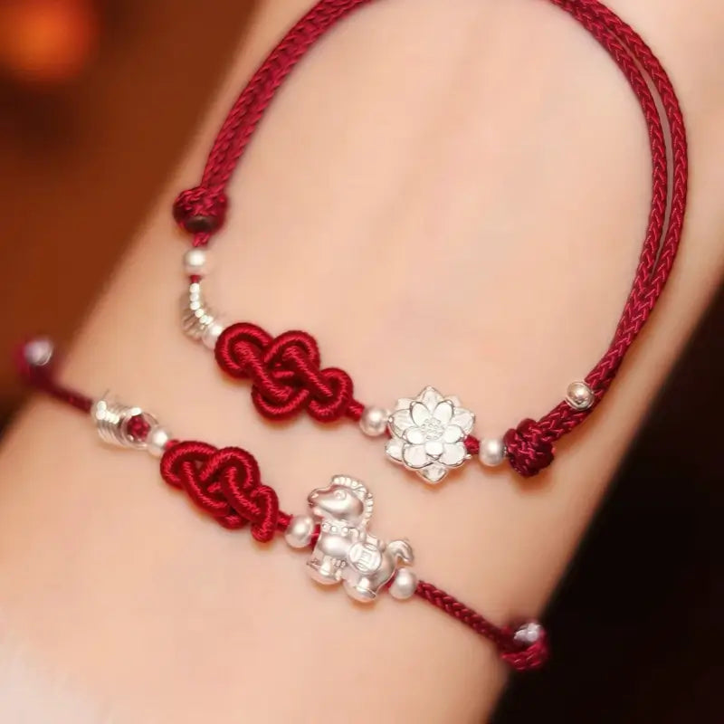 Sterling Silver 999 Lotus Pony Ruyi Knot Hand-Woven Red Bracelet for Women