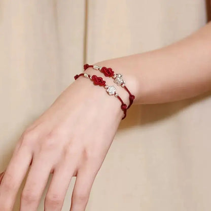 Sterling Silver 999 Lotus Pony Ruyi Knot Hand-Woven Red Bracelet for Women