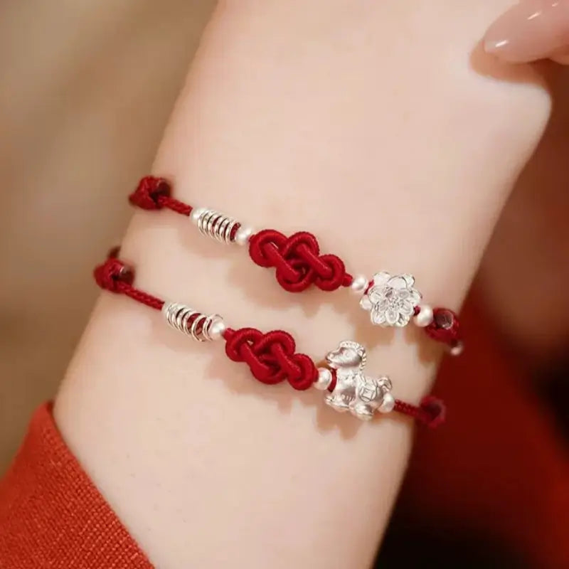 Sterling Silver 999 Lotus Pony Ruyi Knot Hand-Woven Red Bracelet for Women