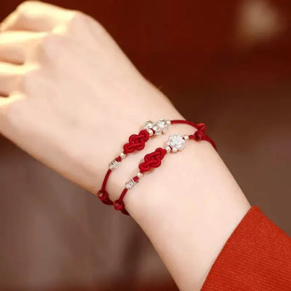 Sterling Silver 999 Lotus Pony Ruyi Knot Hand-Woven Red Bracelet for Women
