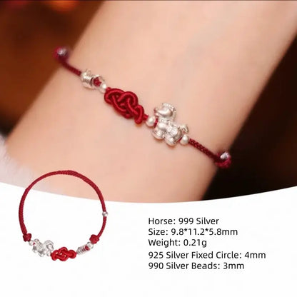 Sterling Silver 999 Lotus Pony Ruyi Knot Hand-Woven Red Bracelet for Women