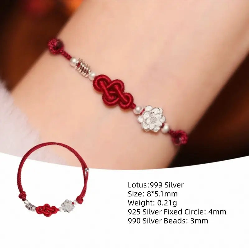Sterling Silver 999 Lotus Pony Ruyi Knot Hand-Woven Red Bracelet for Women