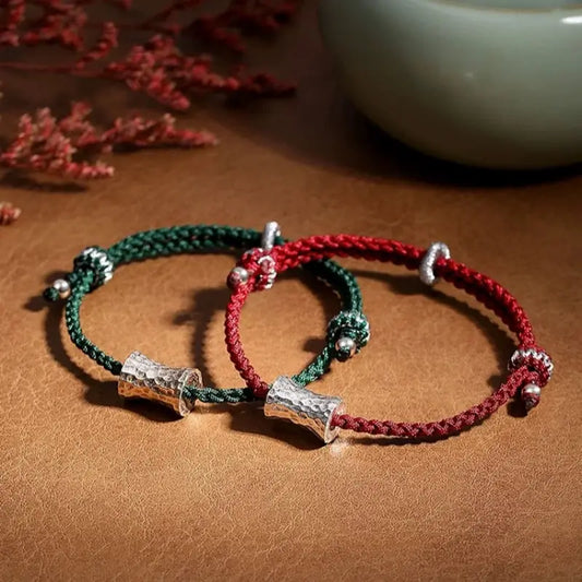 Bracelet Lu Lu Tong pour couple en argent 925 | Motif cacahuète, cordons tressés rouges et verts ajustables, anti-oxydation