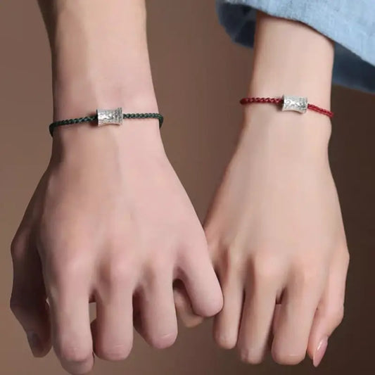 Bracelet Lu Lu Tong pour couple en argent 925 | Motif cacahuète, cordons tressés rouges et verts ajustables, anti-oxydation
