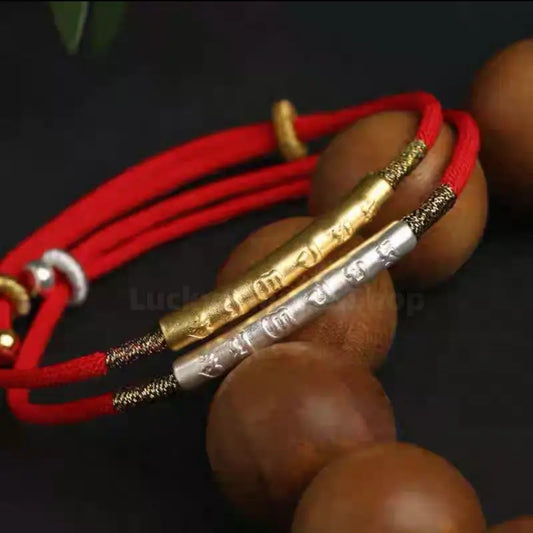 999 Silver Gold-Plated Six-Syllable Mantra Red Bracelet for Success Wealth Luck Protection-LuckyCharms.Shop