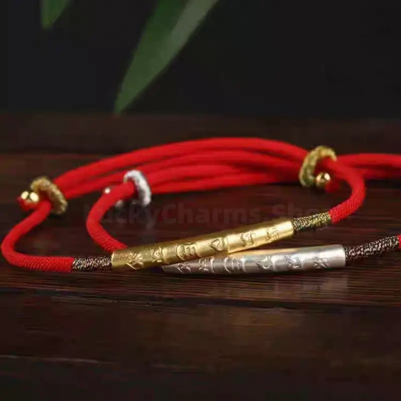 999 Silver Gold-Plated Six-Syllable Mantra Red Bracelet for Success Wealth Luck Protection-LuckyCharms.Shop