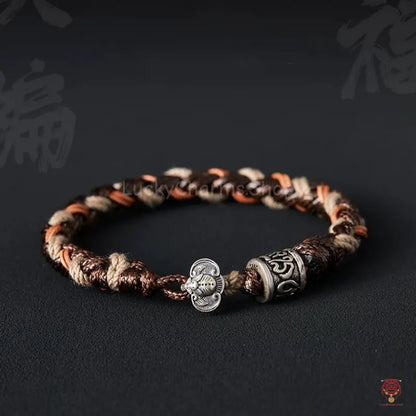 Men's Hand-Woven Silver Mantra Wheel Bracelet - Heavy Leather Bat Buckle Band