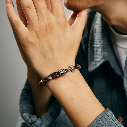 Men's Hand-Woven Silver Mantra Wheel Bracelet - Heavy Leather Bat Buckle Band