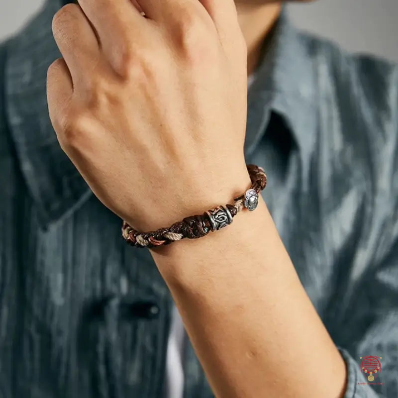 Men's Hand-Woven Silver Mantra Wheel Bracelet - Heavy Leather Bat Buckle Band