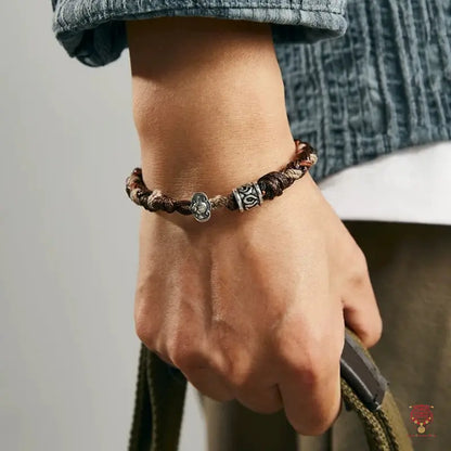 Men's Hand-Woven Silver Mantra Wheel Bracelet - Heavy Leather Bat Buckle Band