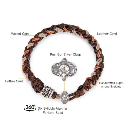 Men's Hand-Woven Silver Mantra Wheel Bracelet - Heavy Leather Bat Buckle Band