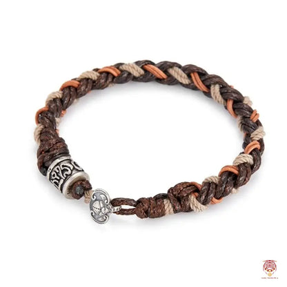 Men's Hand-Woven Silver Mantra Wheel Bracelet - Heavy Leather Bat Buckle Band