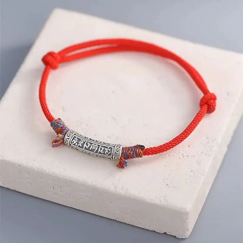 Bracelet Lu Lu Tong en argent pur 999 pour couple | Mantra à six syllabes, cordons tibétains tressés rouges et noirs
