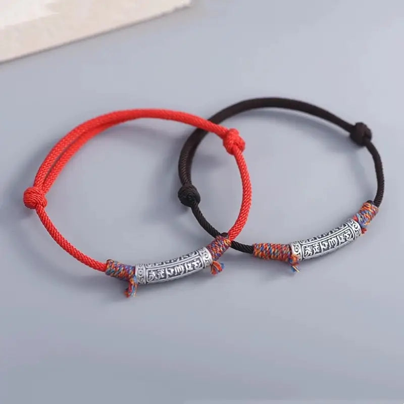 Bracelet Lu Lu Tong en argent pur 999 pour couple | Mantra à six syllabes, cordons tibétains tressés rouges et noirs