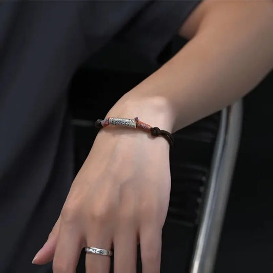 999 Pure Silver Couple Lu Lu Tong Bracelet | Six-Syllable Mantra, Tibetan Braided Red & Black Cords