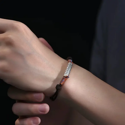 Bracelet Lu Lu Tong en argent pur 999 pour couple | Mantra à six syllabes, cordons tibétains tressés rouges et noirs
