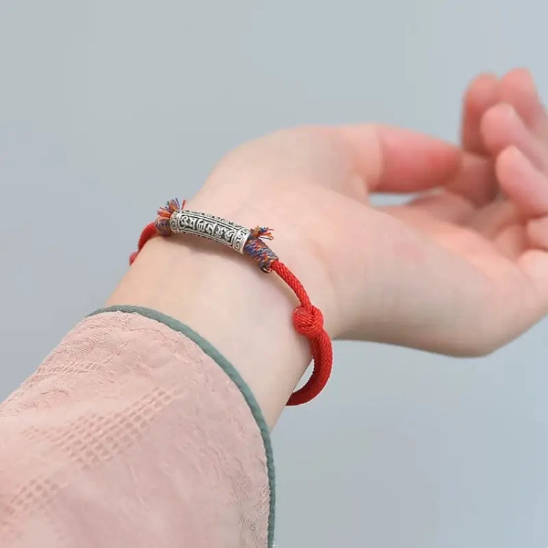 Bracelet Lu Lu Tong en argent pur 999 pour couple | Mantra à six syllabes, cordons tibétains tressés rouges et noirs