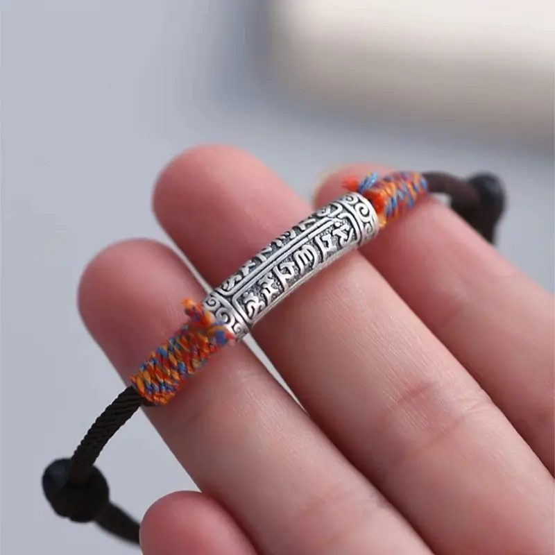 Bracelet Lu Lu Tong en argent pur 999 pour couple | Mantra à six syllabes, cordons tibétains tressés rouges et noirs