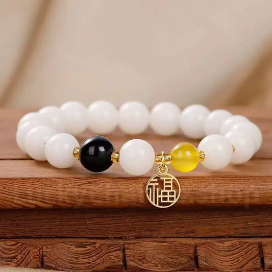 White Jade Bodhi Seed Fortune Blessing Pendant Bracelet for Luck Wealth-LuckyCharms.Shop