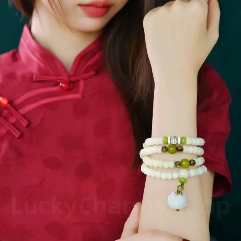 Nautral White Jade Bodhi Seed Lotus Mala 108 Beads Double-Strand Bracelet Wisdom Luck Success-LuckyCharms.Shop
