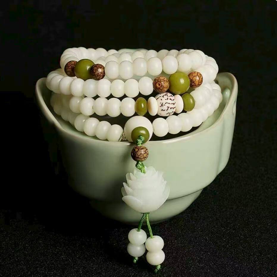 LuckyCharms White Jade Bodhi Seed Lotus Mala 108 Beads