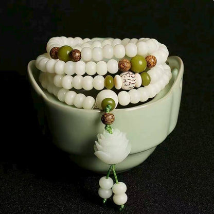 LuckyCharms White Jade Bodhi Seed Lotus Mala 108 Beads
