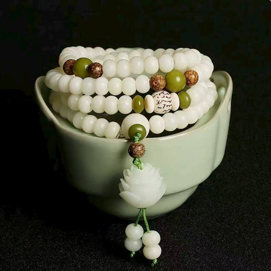 LuckyCharms White Jade Bodhi Seed Lotus Mala 108 Beads