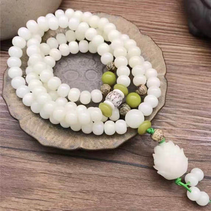 LuckyCharms White Jade Bodhi Seed Lotus Mala 108 Beads