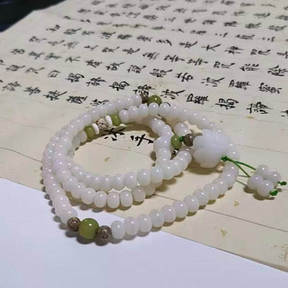 LuckyCharms White Jade Bodhi Seed Lotus Mala 108 Beads
