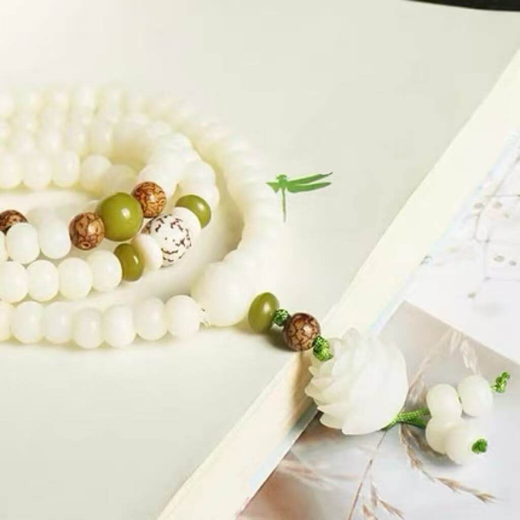 LuckyCharms White Jade Bodhi Seed Lotus Blessing Mala 108 Beads Bracelet