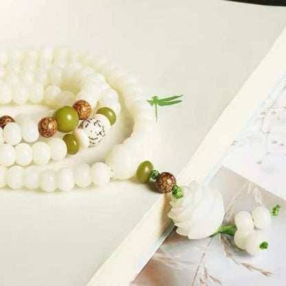 LuckyCharms White Jade Bodhi Seed Lotus Blessing Mala 108 Beads Bracelet