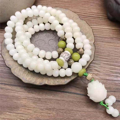 LuckyCharms White Jade Bodhi Seed Lotus Blessing Mala 108 Beads Bracelet