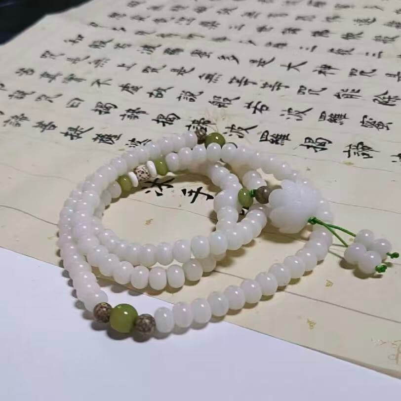 LuckyCharms White Jade Bodhi Seed Lotus Blessing Mala 108 Beads Bracelet