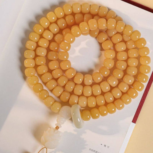 LuckyCharms Yellow Jade Bodhi Seed Lotus Mala 108 Beads Bracelet