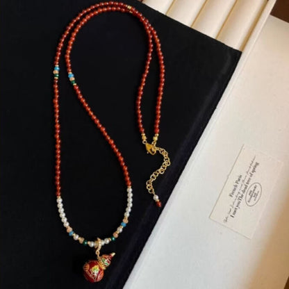 LuckyCharms Enamel Gourd Pendant Red Agate Beaded Long Necklace