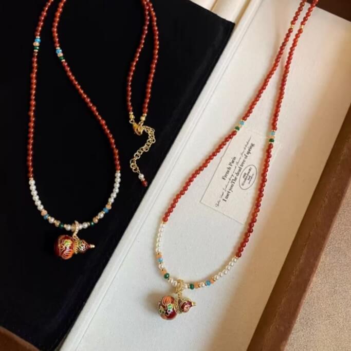 LuckyCharms Enamel Gourd Pendant Red Agate Beaded Long Necklace