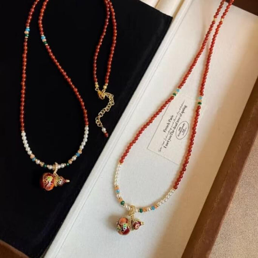 LuckyCharms Enamel Gourd Pendant Red Agate Beaded Long Necklace