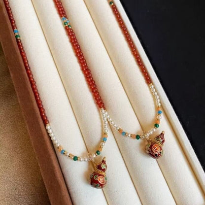 LuckyCharms Enamel Gourd Pendant Red Agate Beaded Long Necklace