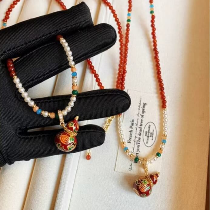 LuckyCharms Enamel Gourd Pendant Red Agate Beaded Long Necklace