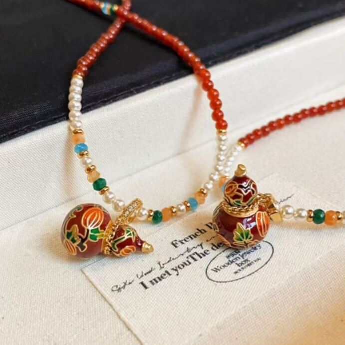 LuckyCharms Enamel Gourd Pendant Red Agate Beaded Long Necklace