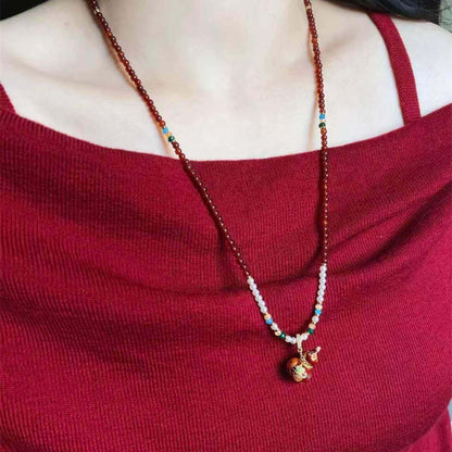 LuckyCharms Enamel Gourd Pendant Red Agate Beaded Long Necklace