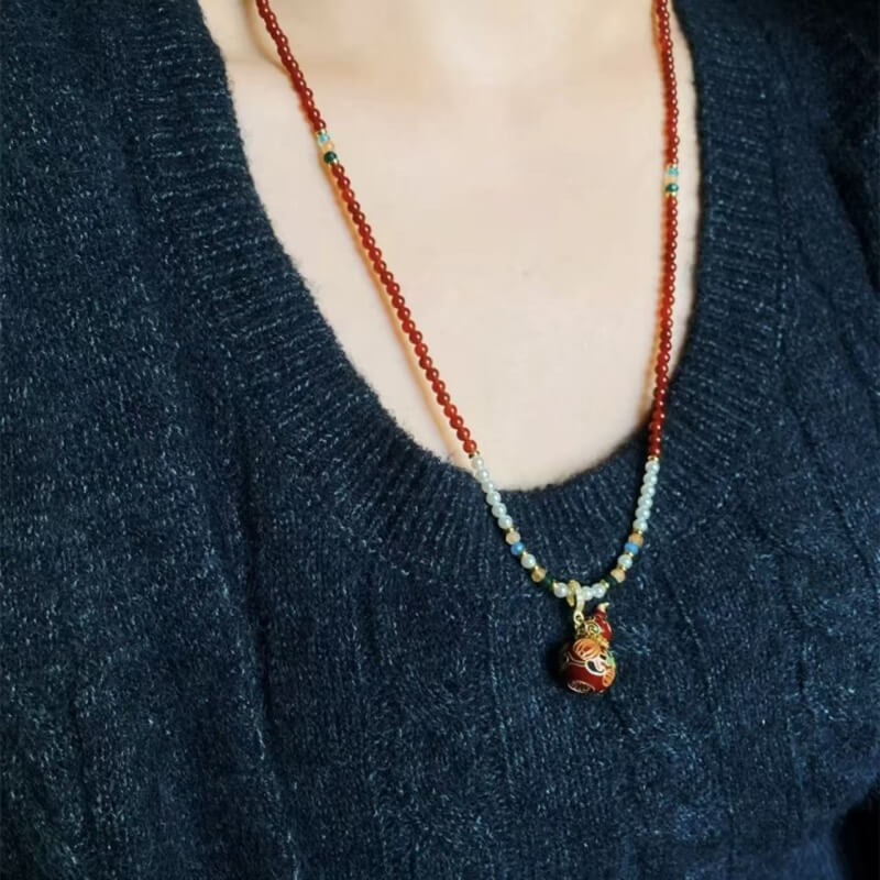 LuckyCharms Enamel Gourd Pendant Red Agate Beaded Long Necklace