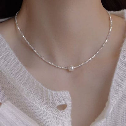 LuckyCharms Pearl Bead Tiny Shape Silver Short Necklace