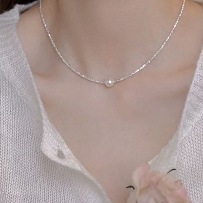 LuckyCharms Pearl Bead Tiny Shape Silver Short Necklace