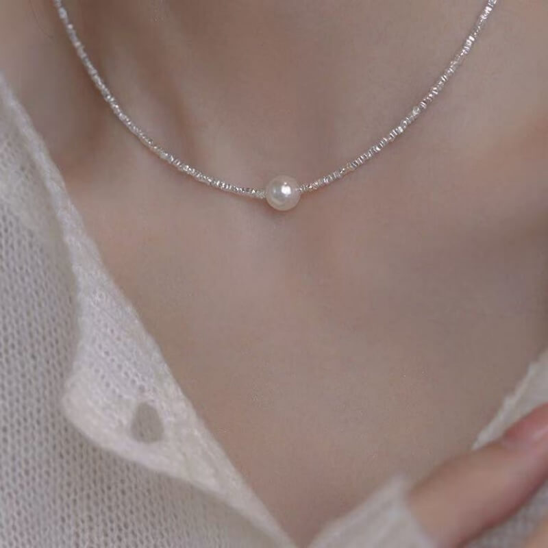 LuckyCharms Pearl Bead Tiny Shape Silver Short Necklace