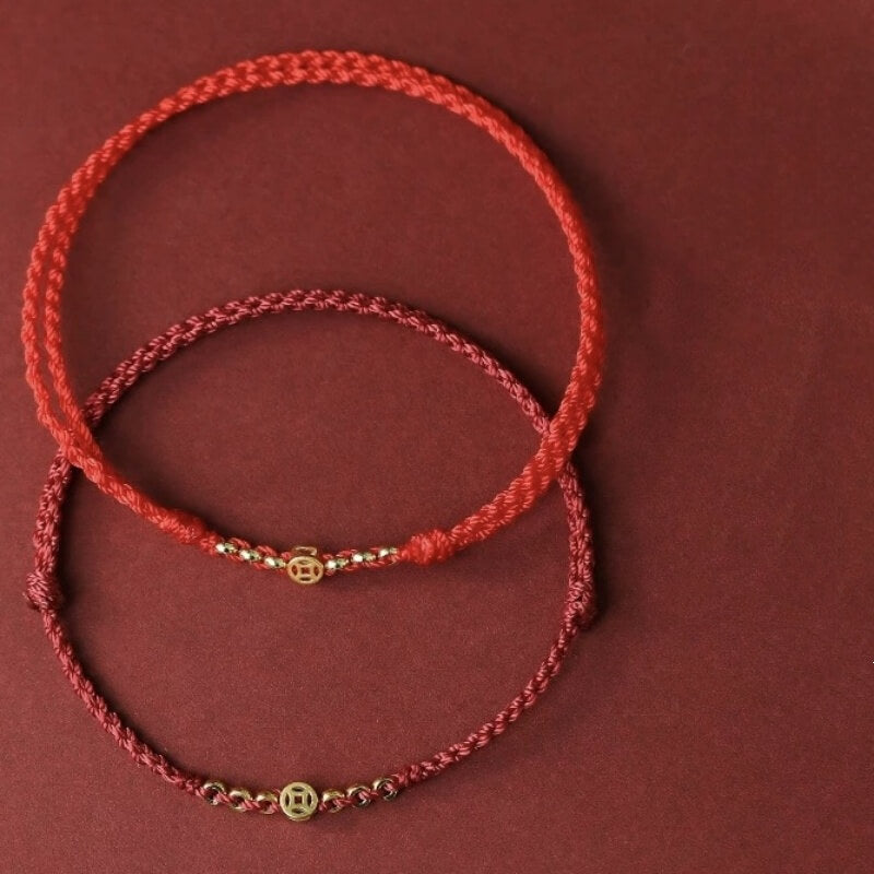 LuckyCharms Gold-plated Ancient Chinese Coin Wealth & Fortune Red Braided Rope Bracelet
